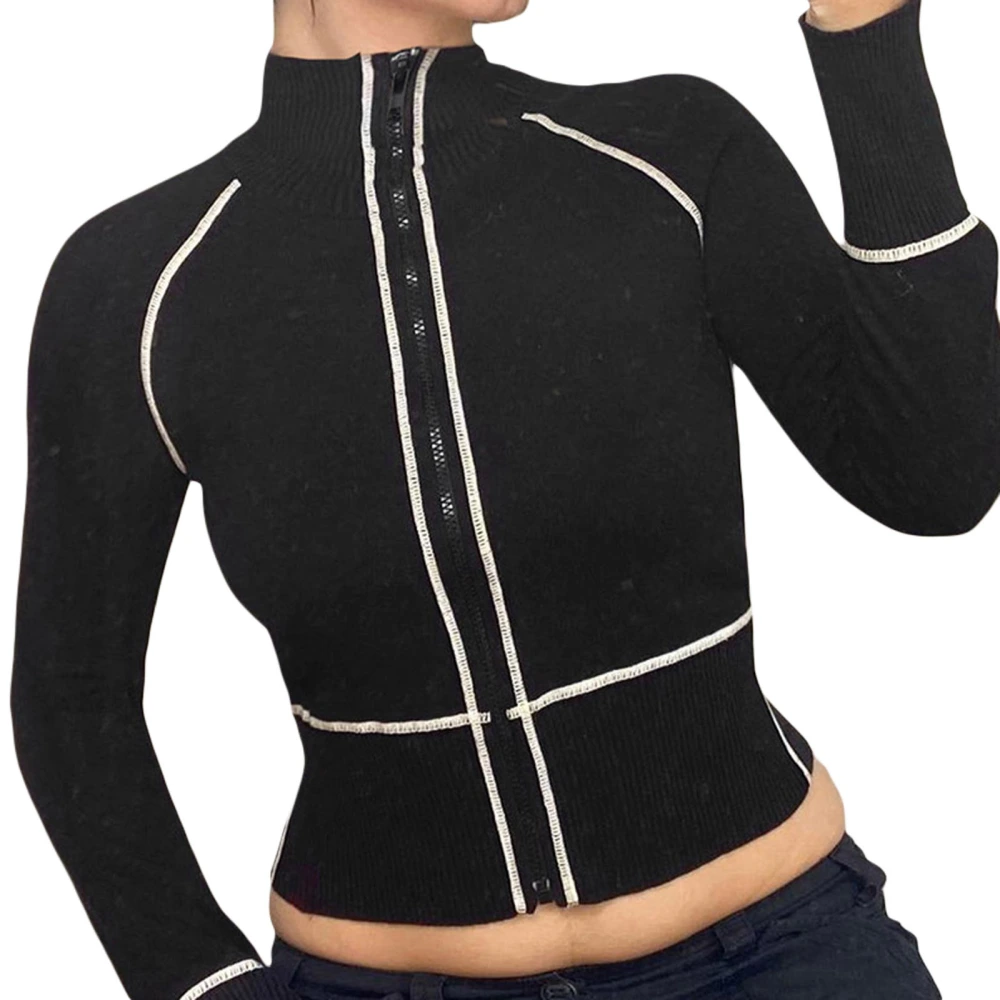 Women’s Zip Up Crop Tops Long Sleeve Contrast Stitch T-Shirts