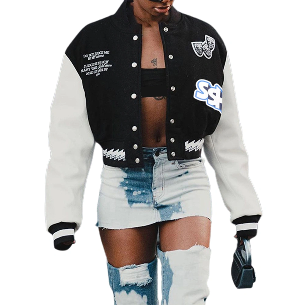 Women's Short Baseball Jackets Letter Print Patchwork Bomber Jacket