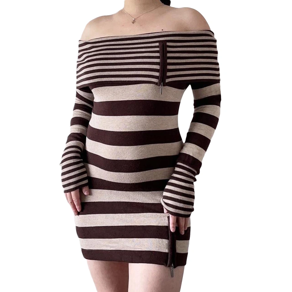 Women Bodycon Dress, Long Sleeve Off-shoulder Fall Mini Striped Dress