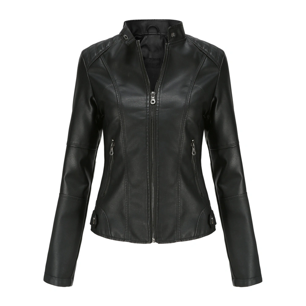 Women Faux Leather Jacket Solid Color Stand Collar Zipper Outerwear