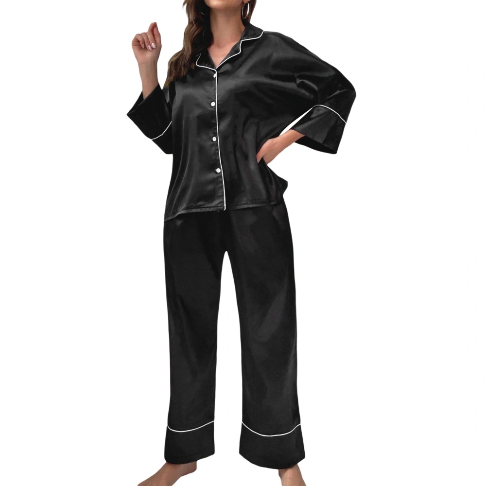 Women’s 2 Piece Satin Pajamas Set Long Sleeve Button Shirt + Pants