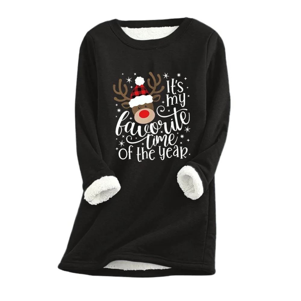 Women Christmas Long Sleeve Letter Elk Print Loose Warm T-shirt