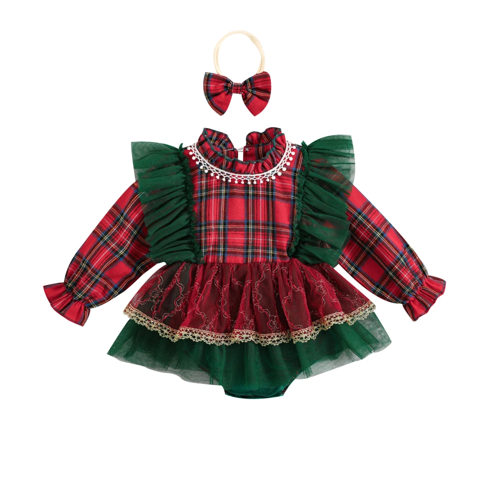 Baby Girls Christmas Outfits Long Sleeve Romper Mesh Dress Romper + Headband