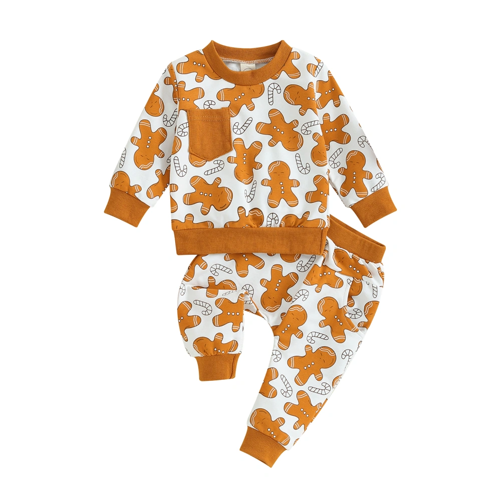 Toddler Long Sleeve Gingerbread Print Tops Elastic Band Pants Sets