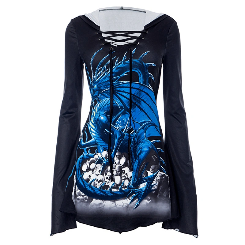 Women Mini Dress, Flare Sleeve Hooded Dragon Skull Print Gothic Dress