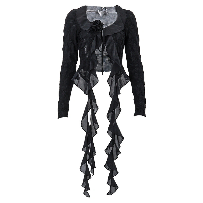 Women's Black Long Sleeve V Neck Irregular Ruffle Tie Up Crop Tops