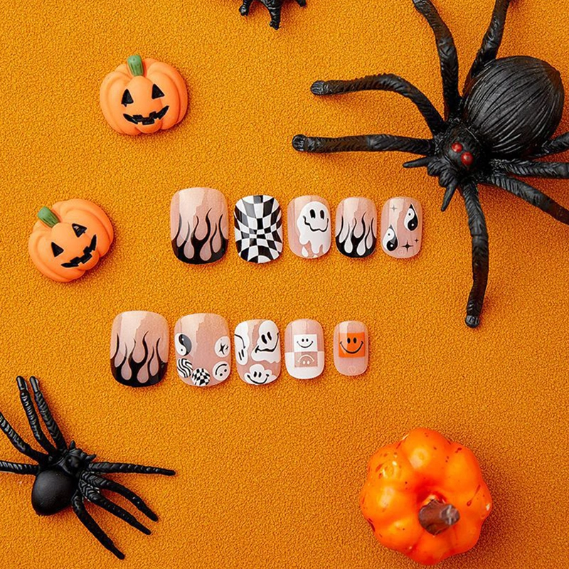 Halloween Fake Nails, DIY Ghost False Nail Tips Manicure Nail Art