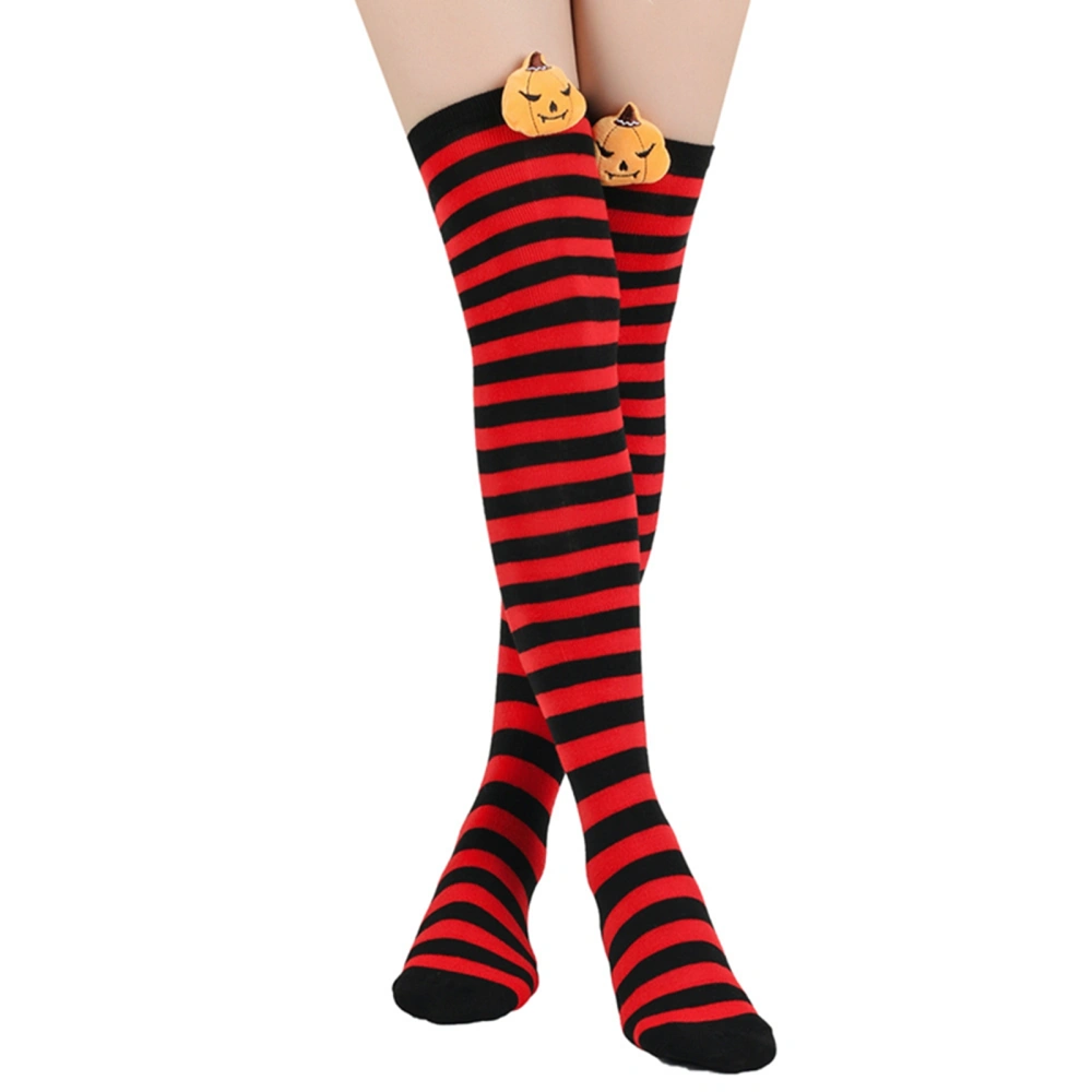 Women Halloween Stockings, Thigh-high Stockings Striped Pumpkin Socks