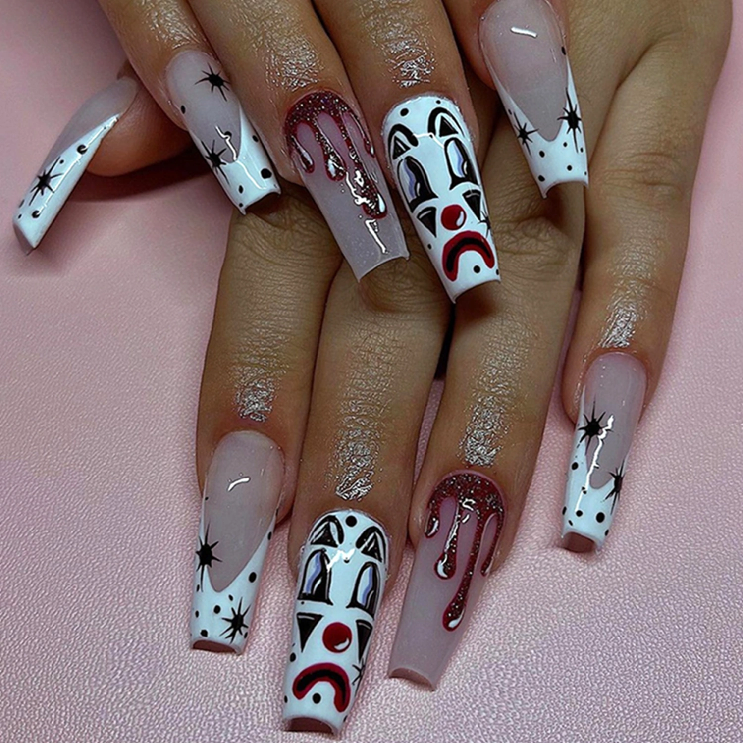 Halloween Press on Nails 24Pcs Long Fake Nails Clown Square Nails