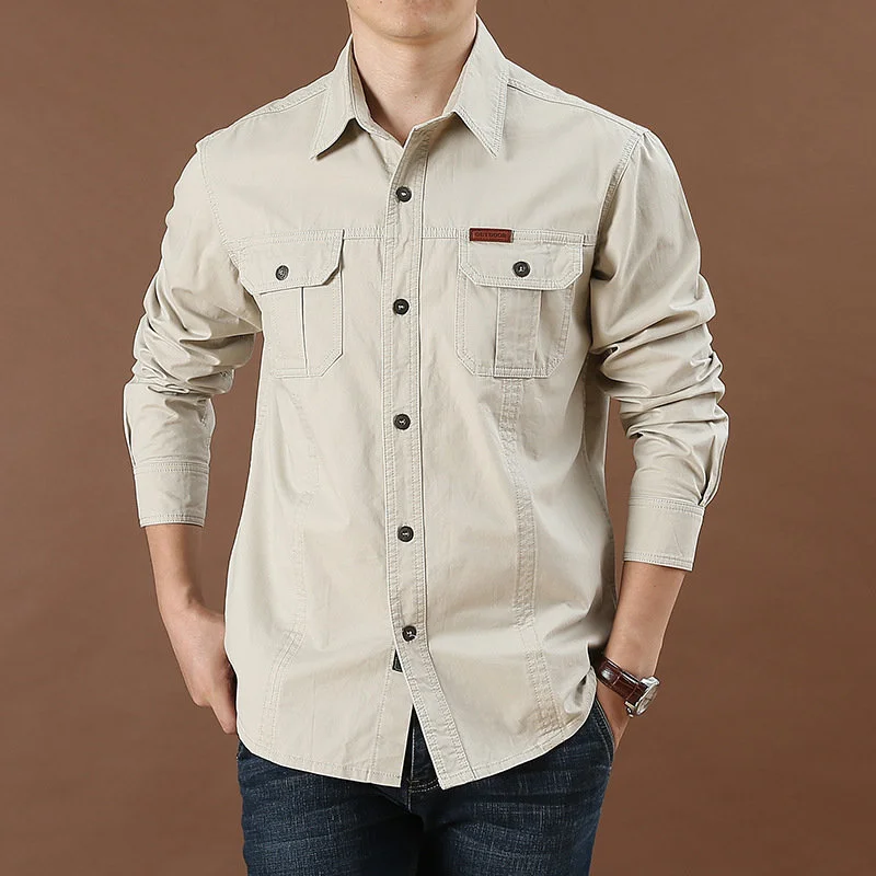 Large Size Men 'S Long -Sleeved Shirt Solid Color Men 'S Casual Loose Overalls Shirt Men