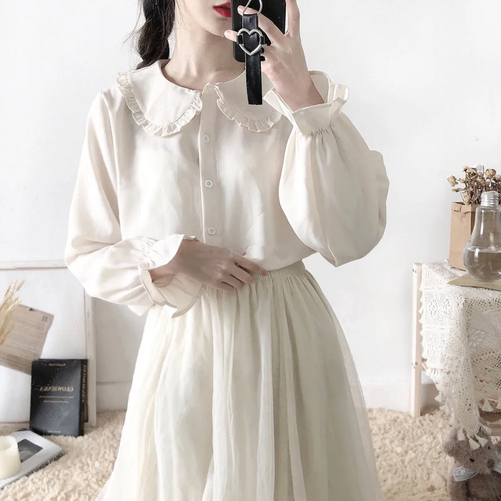 Summer Autumn Single Breasted Flare Sleeve Women Fashion Tops Blouse Solid Color Kawaii Loose Long Sleeve Shirts Peter Pan Collar