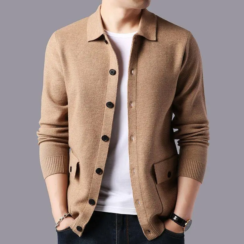 Men's Knitted Cardigan Slim Long Sleeve Thicker Woolen Lapel Collar Men's Sweater Simple Coat