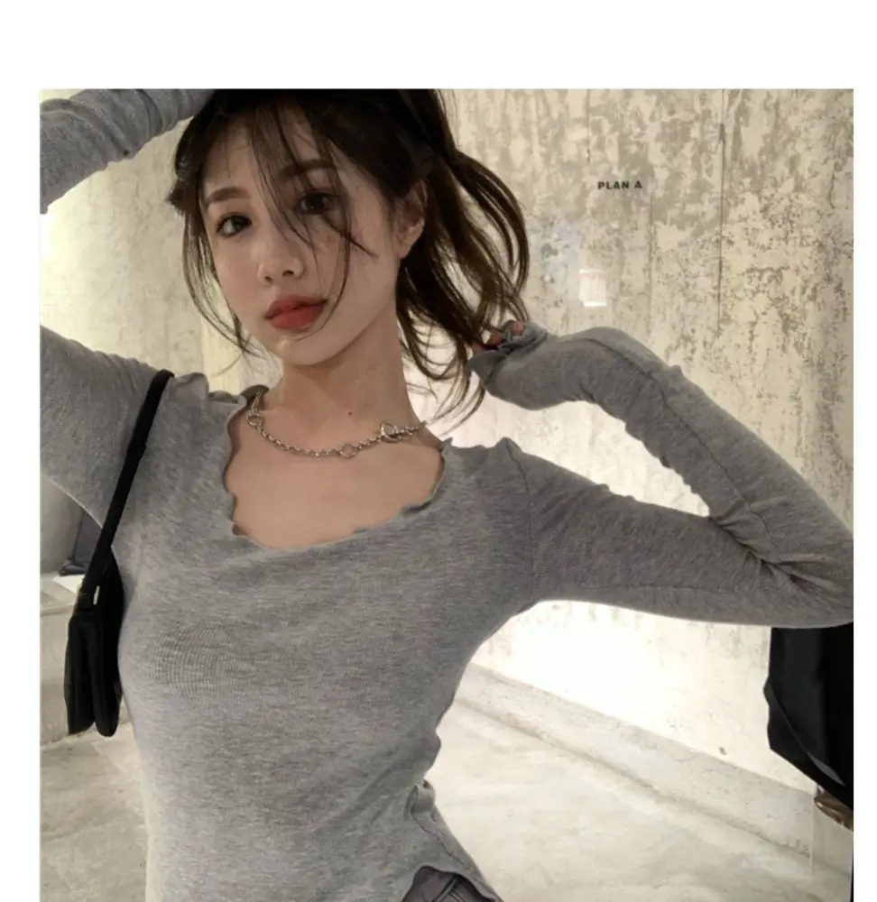 Long Sleeve T-shirts Women Fungus Line Irregular Hem Knitted Slender Autumn Bottoming Tees Chic Fashion Sexy Solid Ulzzang New