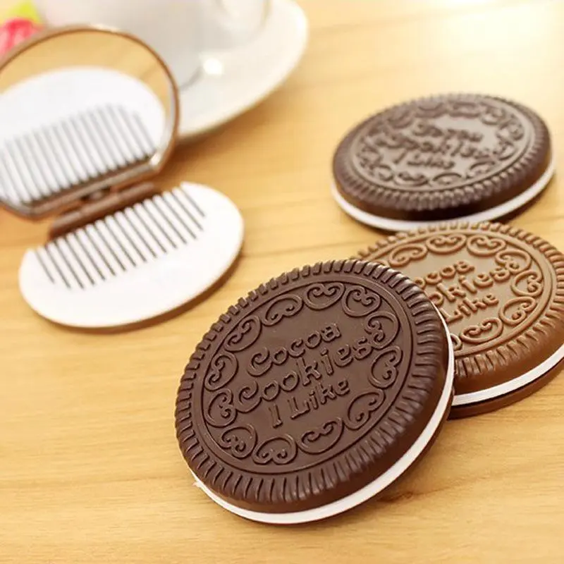 Portable Cute Chocolate Cookies Shape Makeup Comb Mirror Kit Lady Women Comestic Tool Pocket Mirror