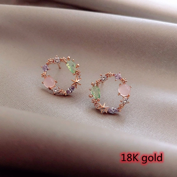 European Style 18K Small Circle Earrings 925 Silver Needle Wreath Simple Colored Diamond Earrings Small Earrings