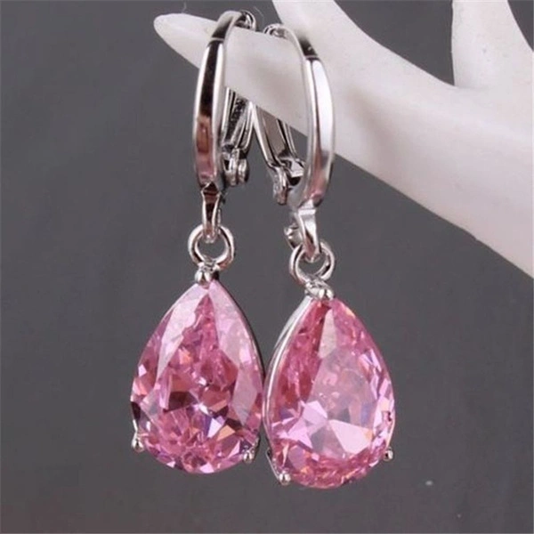 Women Silver Plated Pink Blue Cubic Zirconia Earrings Water Drop Pendant Earrings Bride Wedding Engagement Anniversary Gift Jewelry