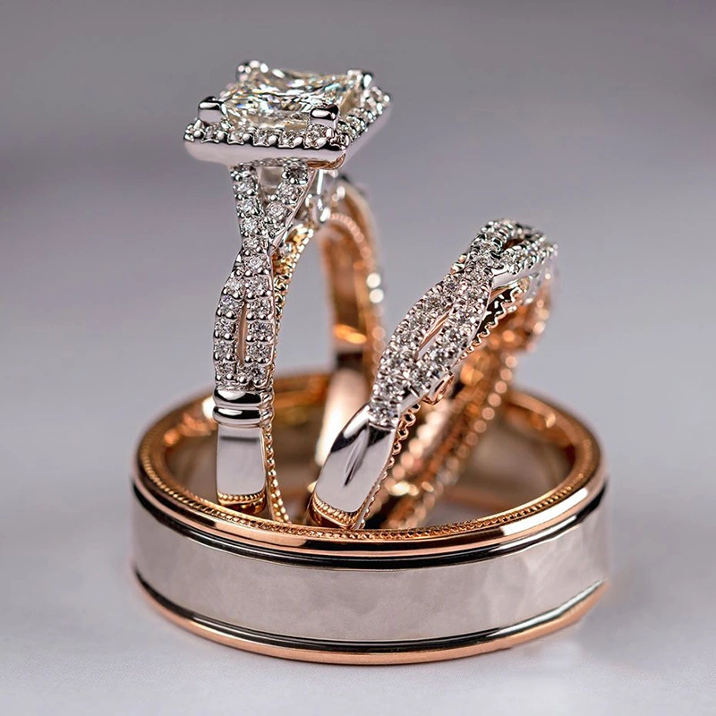 European and American luxury sparkling three-piece ring set with diamonds and zircons full of diamonds for women and men's rings