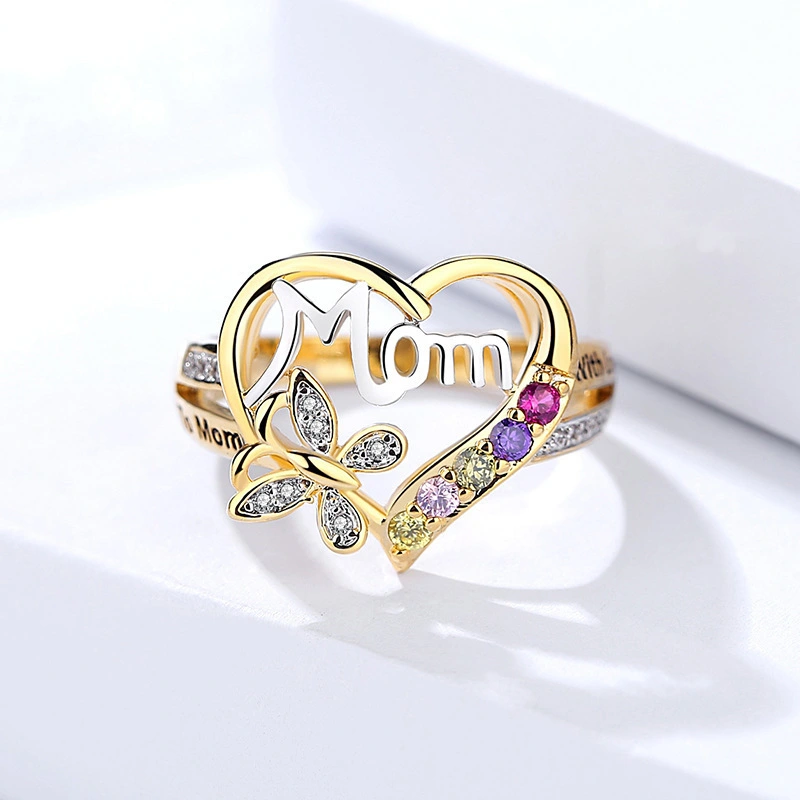 New fashionable temperament butterfly colored diamond ring mom letter diamond ring