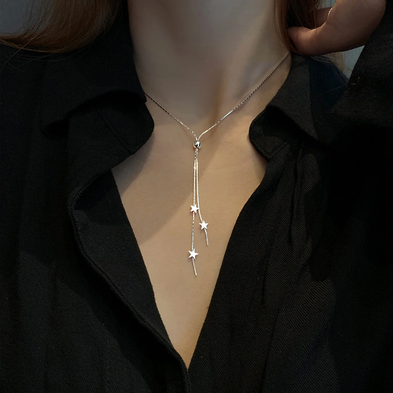 Star Necklaces for Women Long Tassel Pull Design Clavicle Chains Choker 925 Sterling Silver Fashion Jewelry Collares