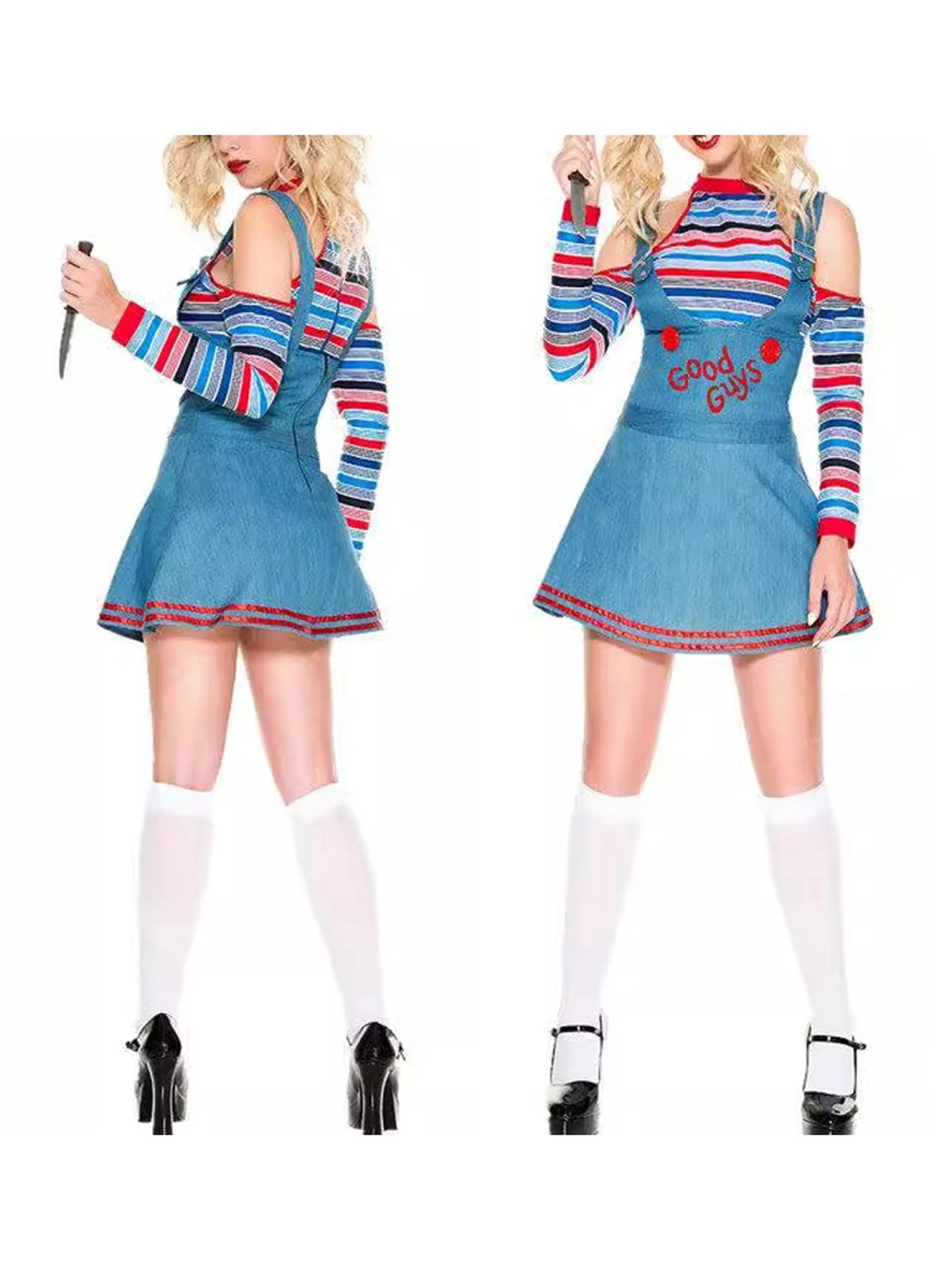 Women Clown Doll Costumes Striped Tops and Suspender Dress Set