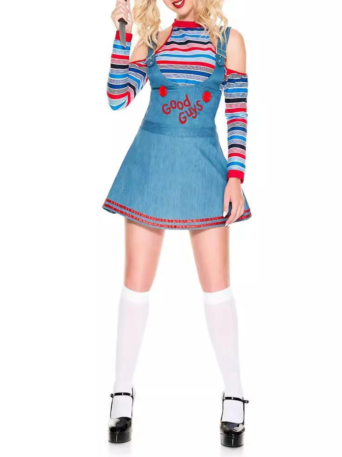 Women Clown Doll Costumes Striped Tops and Suspender Dress Set