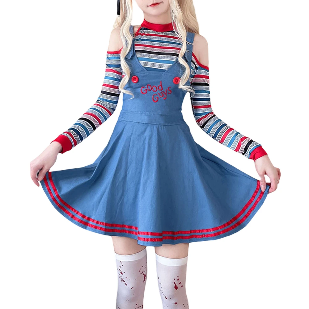 Women Halloween Doll Costumes Striped Tops and Dress Hair Ties Set