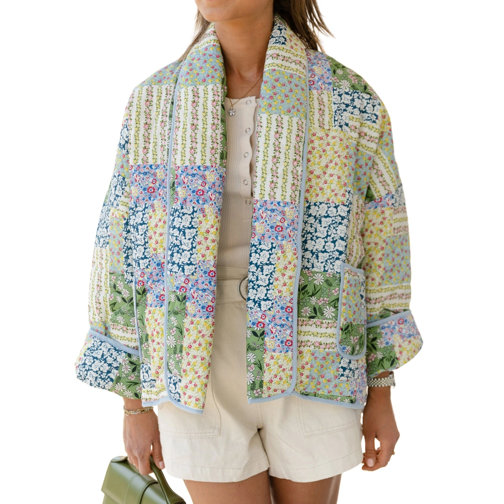 Women Quilted Jacket Floral Print Long Sleeve Open Front Cardigan