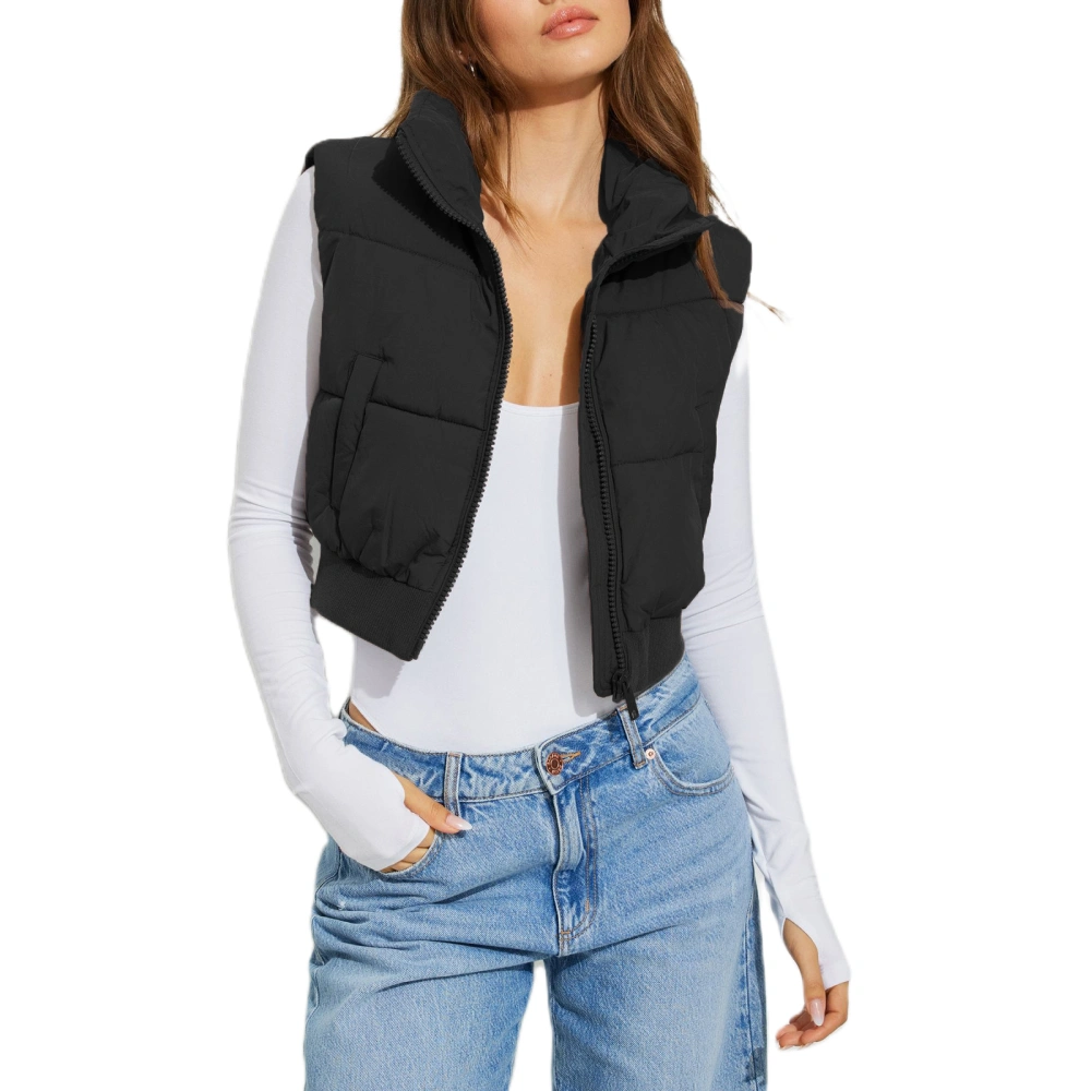 Women Cropped Puffy Vest Solid Color Warm down Jacket Zipper Cardigan