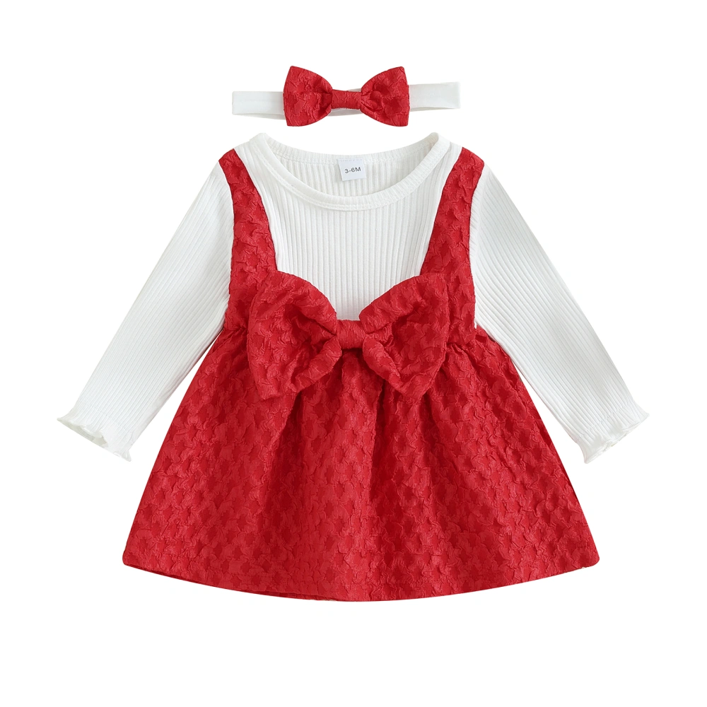 Baby Girls Dress Big Bowknot Patchwork Long Sleeve Dress with Headband