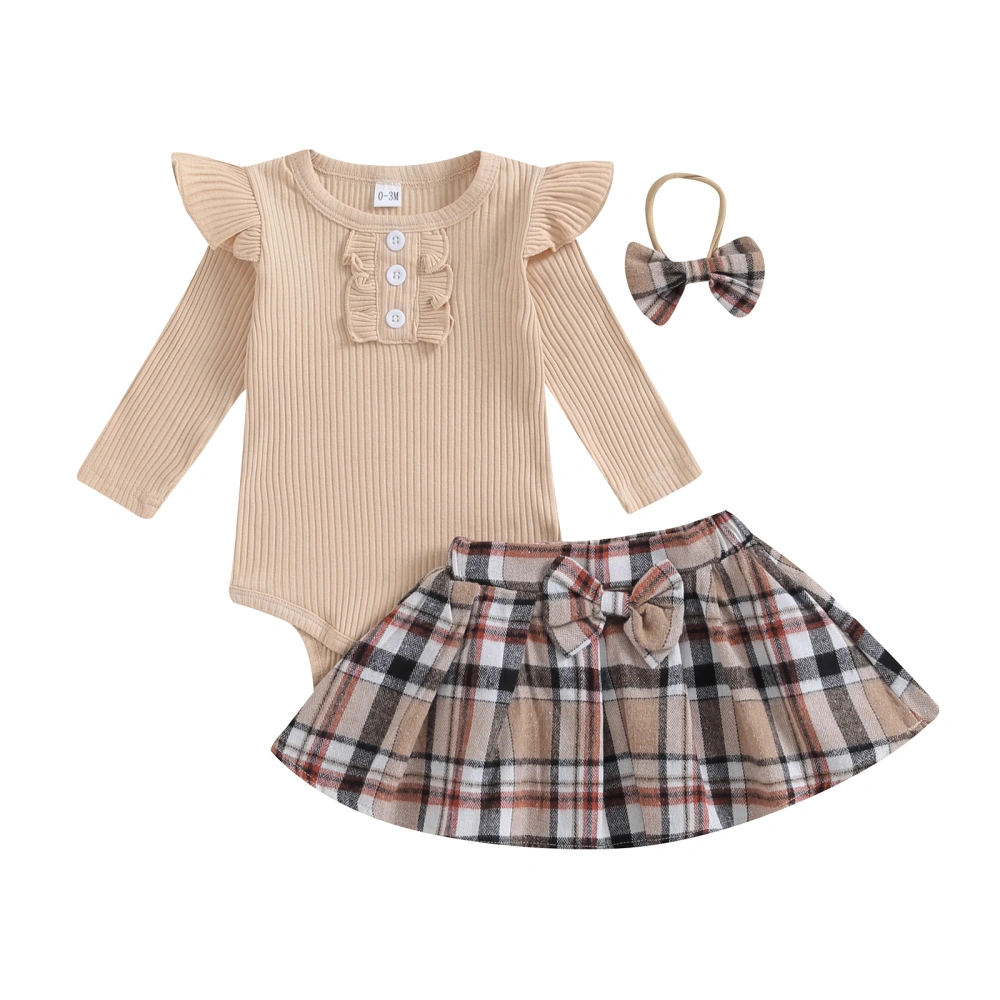 Baby Girls Fall Outfits Long Sleeve Ribbed Romper+Bow Skirt+Headband