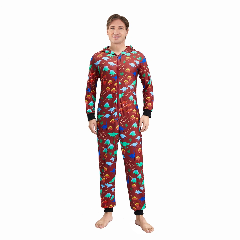 Christmas Jumpsuit Pajamas, Dinosaur Print Long-Sleeved Zip Sleepwear