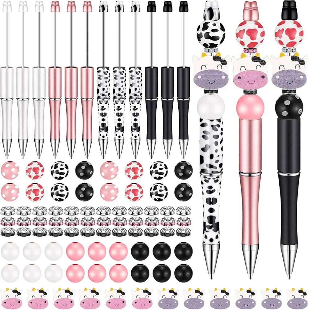 12pcs Patterned Plastic Beading Pen Set - Includes Assorted Wood & Crystal Beads, Black Ink & DIY Gift Set - Perfect for School & Office Supplies