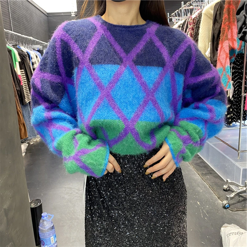 Loose Print Mohair Sweater For Women Round Neck Long Sleeve Colorblock Knitting Pullovers Female Winter Clothing New 2023