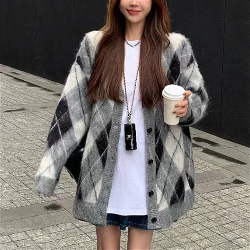 Vintage Plaid Sweater Cardigans Women Clothes 2023 Fall Winter Single Breasted Long Sleeve Korean Fashion Tops Pull Femme