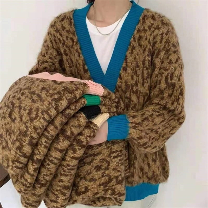 Winter Beige Leopard Print Cardigan Women with Buttons Oversize Jacket Loose Green Thick Warm Knitted Cardigan for Women