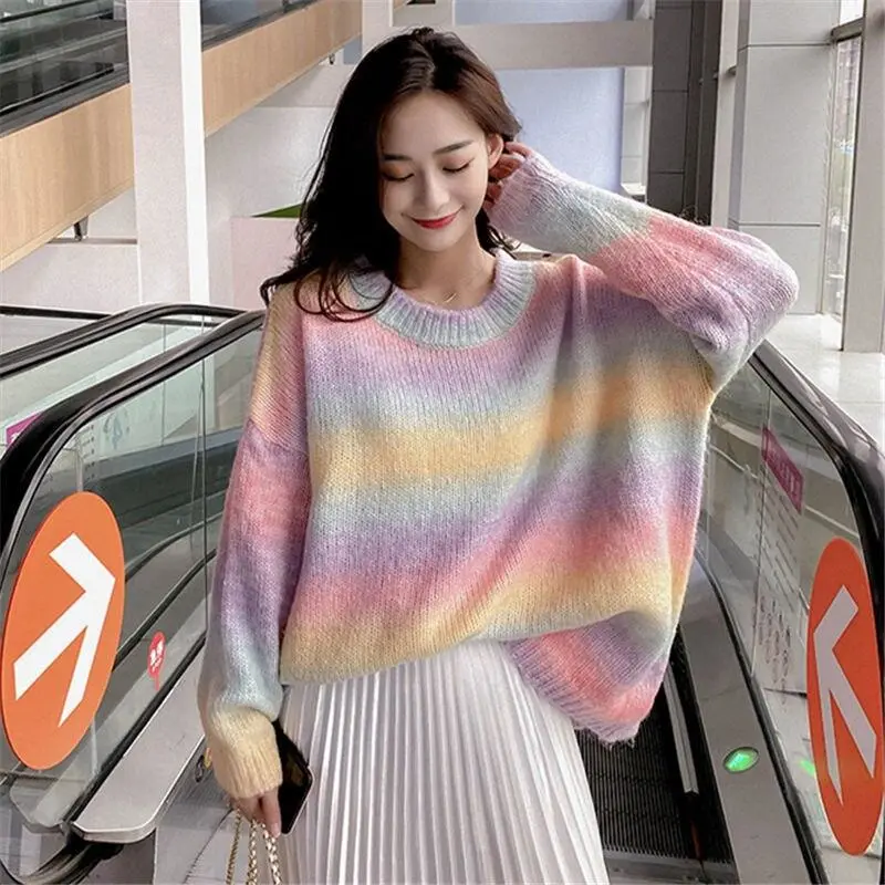 Women Autumn Winter New Rainbow Sweater Pullovers Vintage Female Loose Cocoon Striped Knitted Tops Casual Lady Sweaters