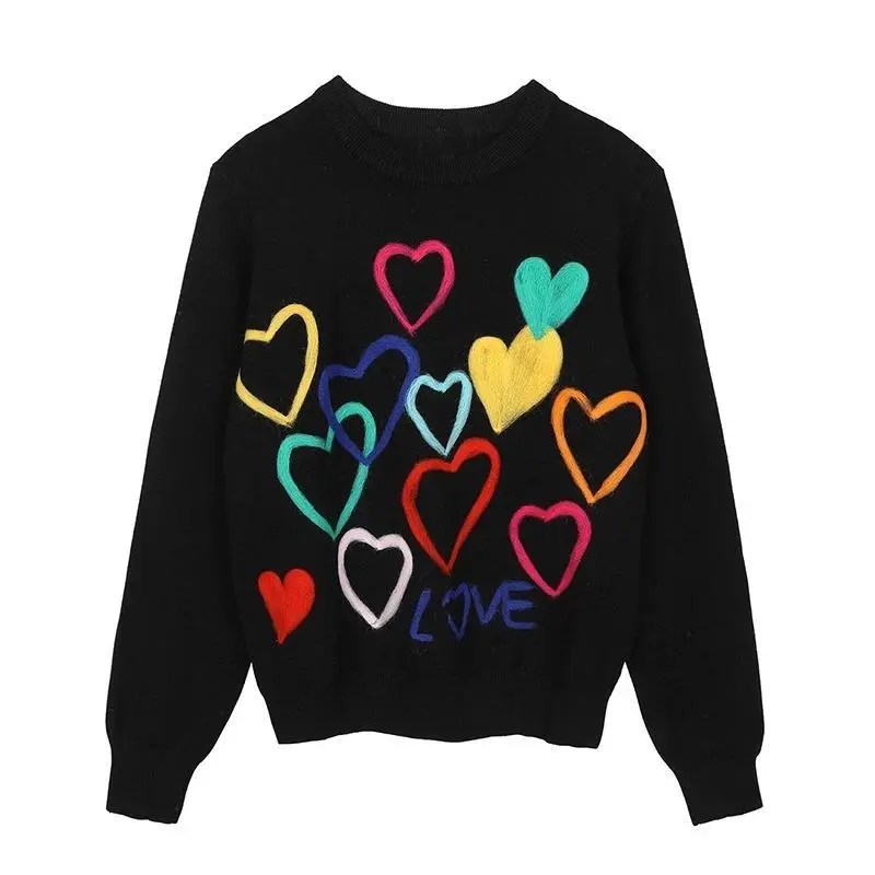 Spring Women Lovely Sweater O-Neck Colorful Candy Color Heart Embroidery Knitwear Slim All-Match Pullover