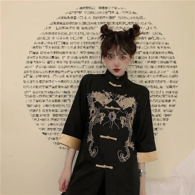 Black Gothic Tang Suit Shirt Dress for Girls Women Chinese Traditional Blouse Single Breasted Dragon Embroidery Jacket Coat