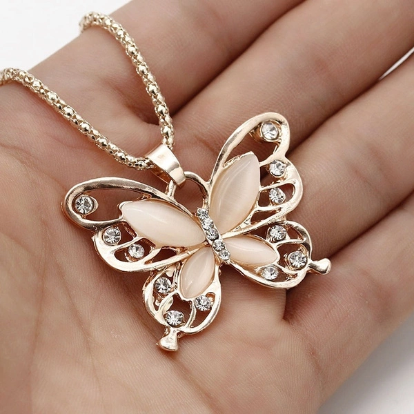 New Rose Gold Opal Butterfly Pendant Necklace Sweater Chain Long Necklace For Women Girls Jewelry(Color: Rose gold)