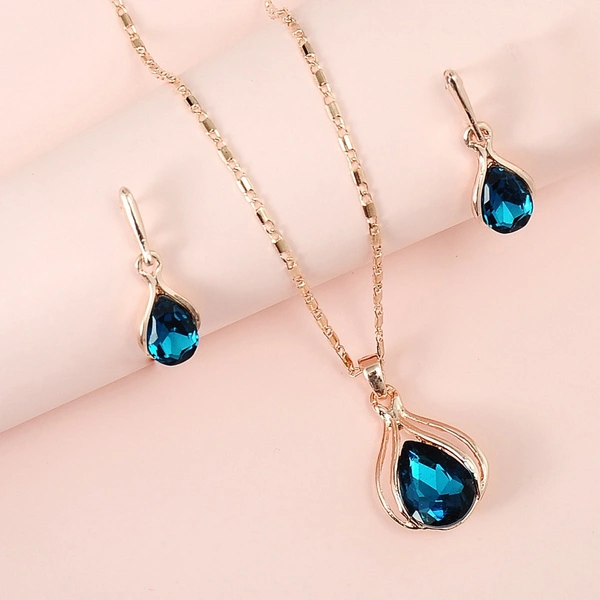 3 Pieces / Set Luxury Waterdrop Gemstone Necklace Set Engagement Earrings Pendant Beautiful Wedding Jewelry Set