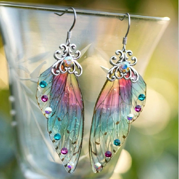 Fairy Rainbow Gradient Resin Butterfly Wing Drop Earrings for Women Rhinestone Glitter Simulation Insect Dangle Earrings Jewelry