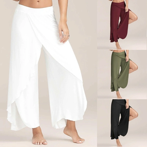 Women Fashion Casual High Slit Flowy Layered Palazzo Pants Loose Wide Leg Pants