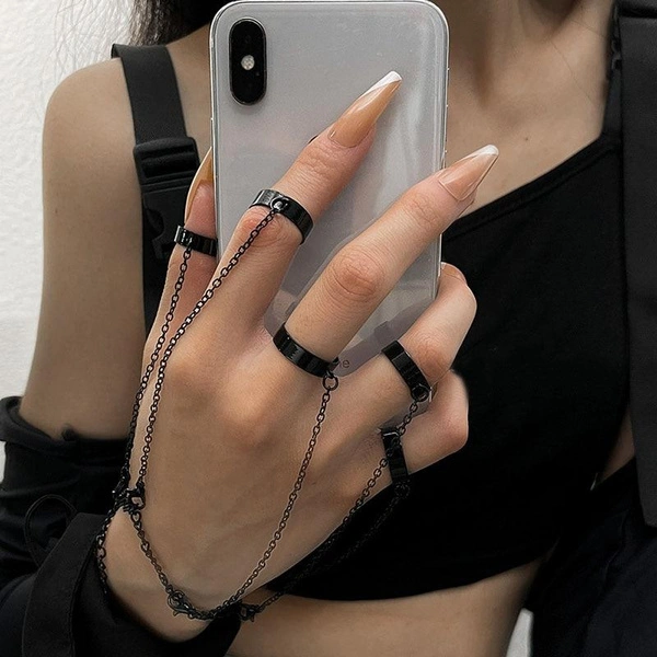 Punk Style Black Color Chain Wrist Rings for Women Charm Hip Hop Geometric Chain Open Rings Set