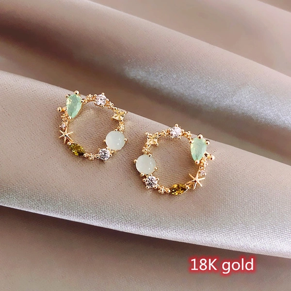 European Style 18K Small Circle Earrings 925 Silver Needle Wreath Simple Colored Diamond Earrings Small Earrings