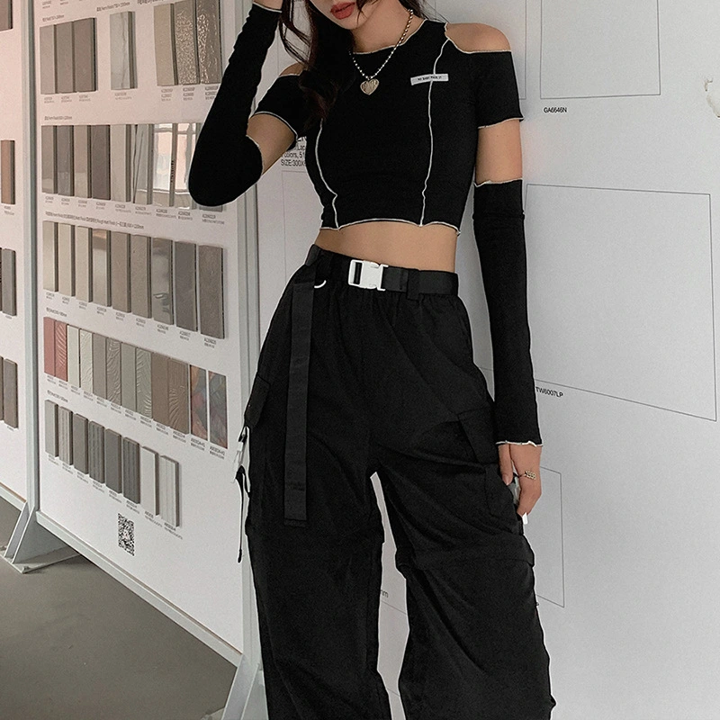 Women's Autumn And Winter Fashion Labeling Slim Round Neck Off-the-shoulder Short T-shirt For Women