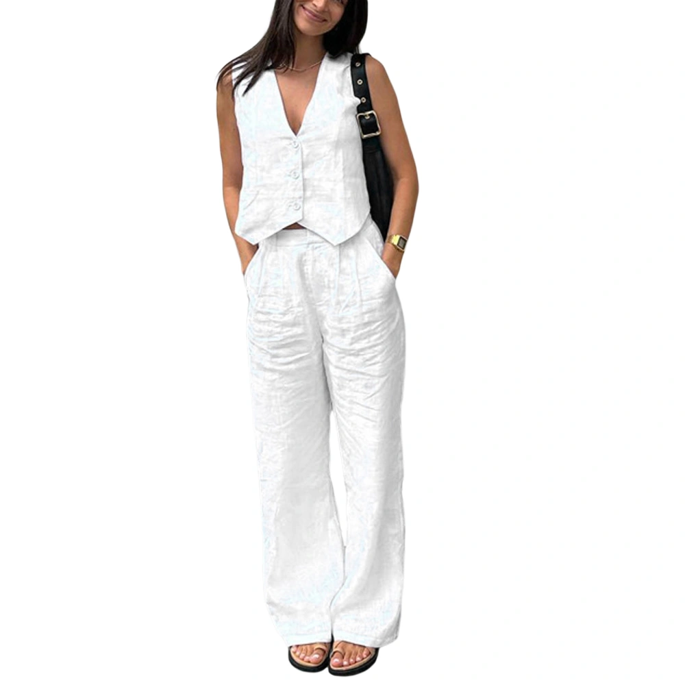 Women's Cotton Linen Outfits Solid V-Neck Button Vest + Pants