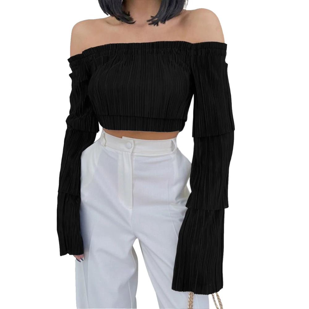 Women Long Sleeve Crop Tops Solid Color Off Shoulder Blouses Shirts