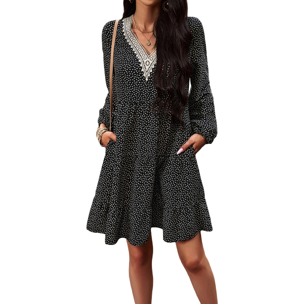 Women's Retro Print Dress Long Sleeve V-Neck Loose Mini Dress