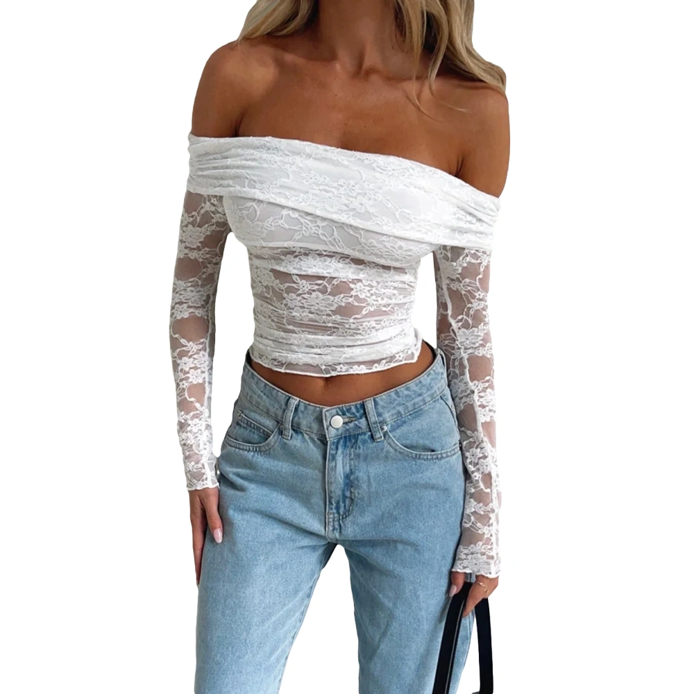 Women's Long Sleeve Off Shoulder Slim Lace Floral Cropped T-shirt