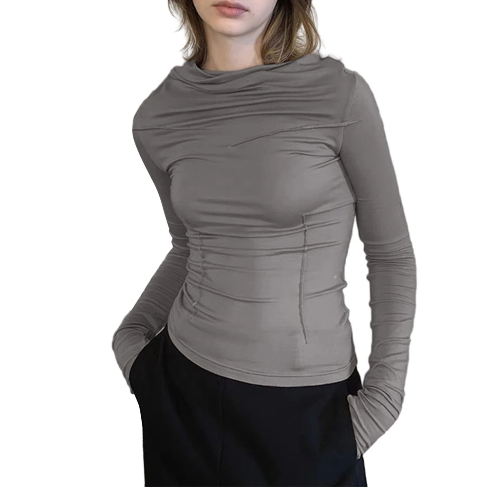 Women's Spring Long Sleeve Solid Color Draped Collar Slim T-shirt